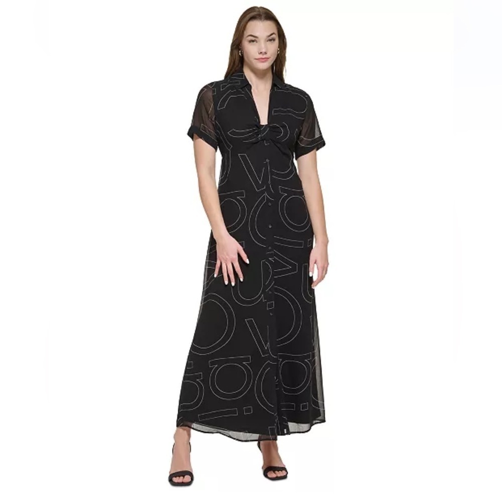 Calvin Klein Illusion Monogram Maxi Shirt Dress Women's 4 Black/White Side Zip
